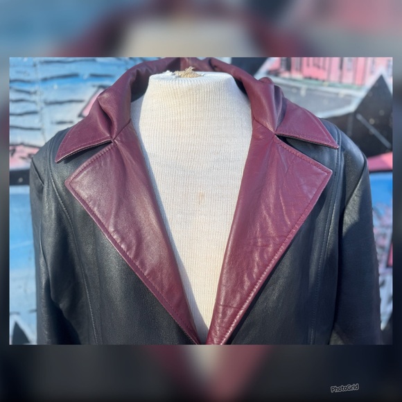 Vintage 1980’s Black & Burgundy Leather Trench Duster Men’s Coat with Hood XL - Picture 4 of 10
